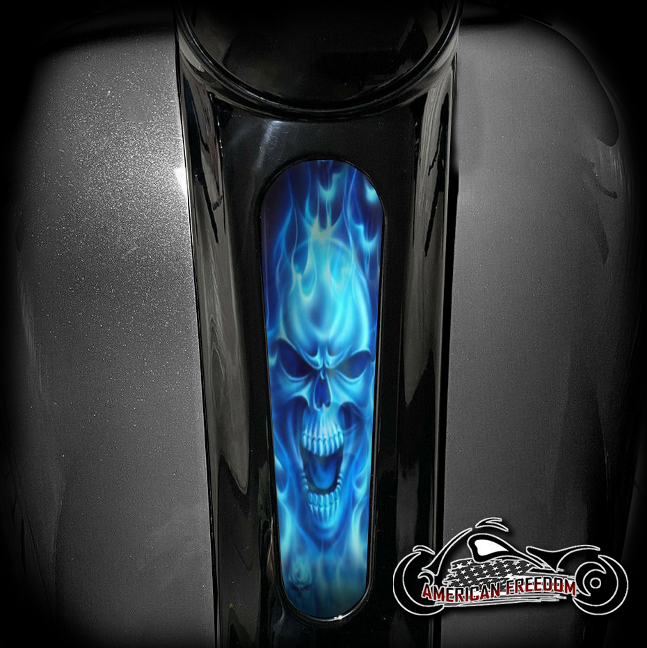 Harley 8 Inch Dash Insert - Blue Flame Skull